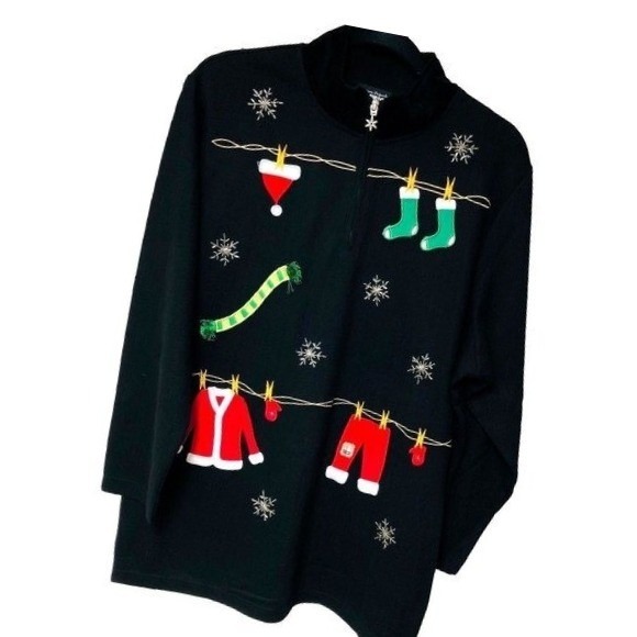 Y2k Christmas Knit Sweater Women's 1x Santas Laundry 1/4 Zip Embellished